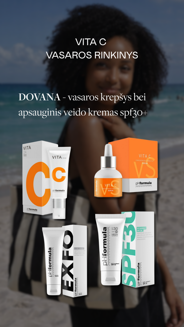 PHFORMULA VASAROS RINKINYS VITA C + DOVANA vasaros krepšys ir veido kremas su SPF30+ - RINKINYS VEIDUI IŠ PHFORMULA - TIK €152! Apsipirk dabar GROŽIO ALCHEMIJA