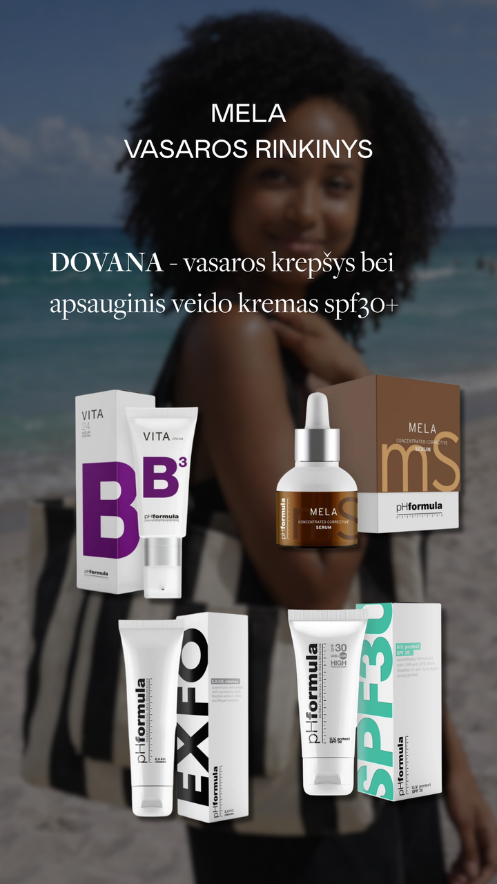 PHFORMULA VASAROS RINKINYS MELA + DOVANA vasaros krepšys ir veido kremas su SPF30+ - RINKINYS VEIDUI IŠ PHFORMULA - TIK €159! Apsipirk dabar GROŽIO ALCHEMIJA