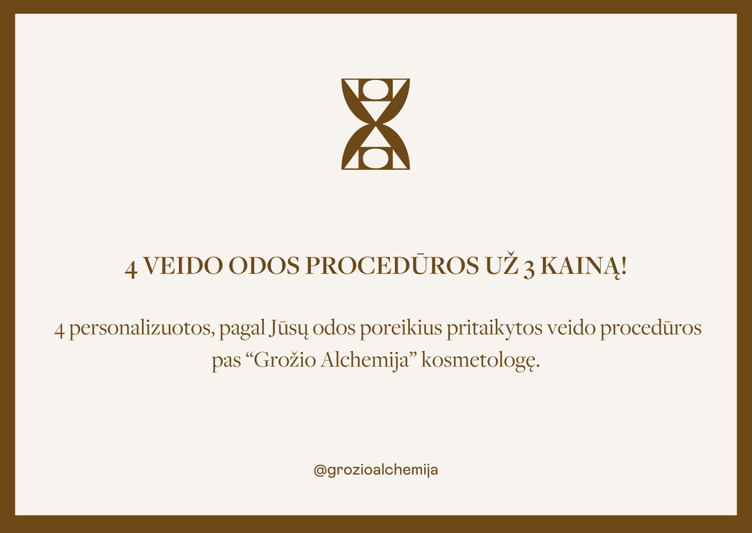 4 PERSONALIZUOTOS VEIDO ODOS PROCEDŪROS UŽ 3 KAINĄ! -  IŠ GROŽIO ALCHEMIJA - TIK €255! Apsipirk dabar GROŽIO ALCHEMIJA